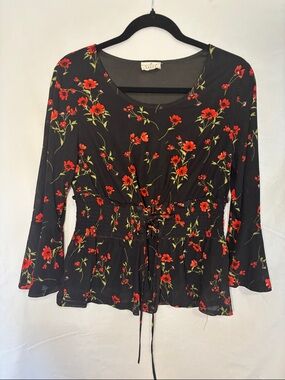 Ember Floral Black & Red Peplum Tie-Waist Blouse